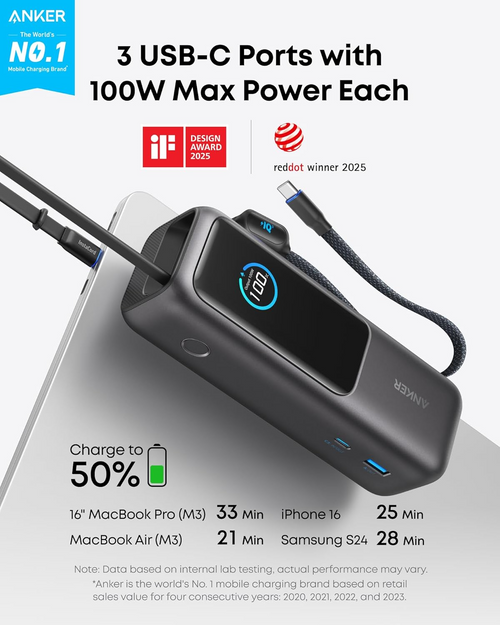 ●	25000mAh 165W Laptop Power Bank with Built-in Retractable USB-C Cable (Triple Port, Flight-Approved)