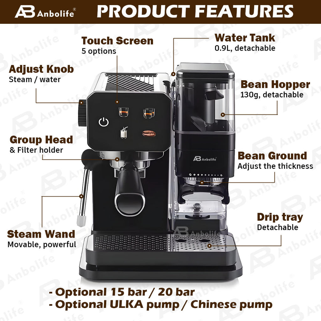 Anbo Multi-Function Semi-Automatic Espresso Machine with Built-In Grinder & Digital Display