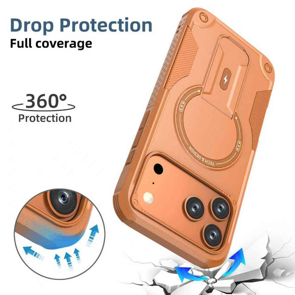 iPhone 17 Pro Max Magnetic Armor Case with Integrated Foldable Kickstand (Shockproof Anti-Drop Protective Cover)