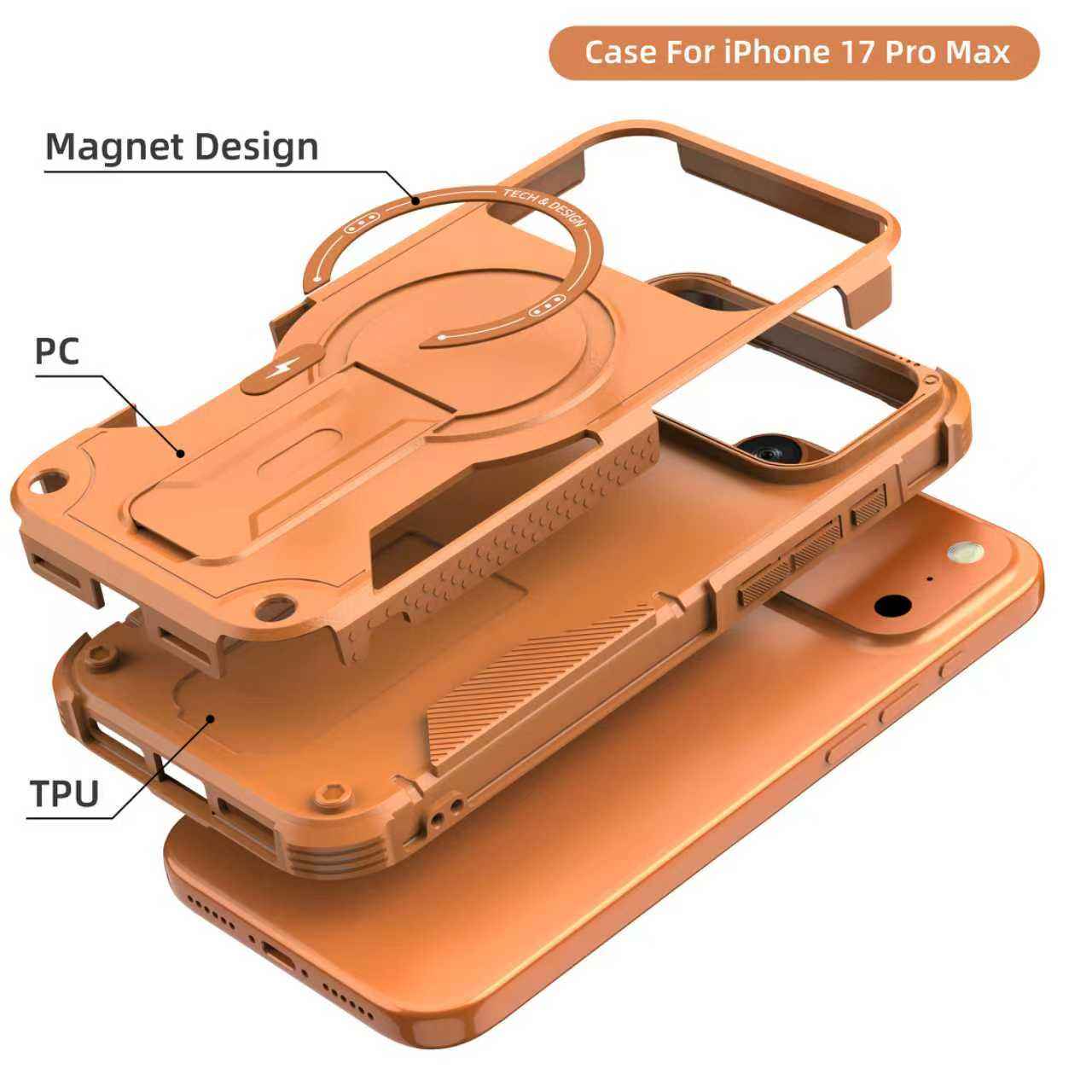 iPhone 17 Pro Max Magnetic Armor Case with Integrated Foldable Kickstand (Shockproof Anti-Drop Protective Cover)