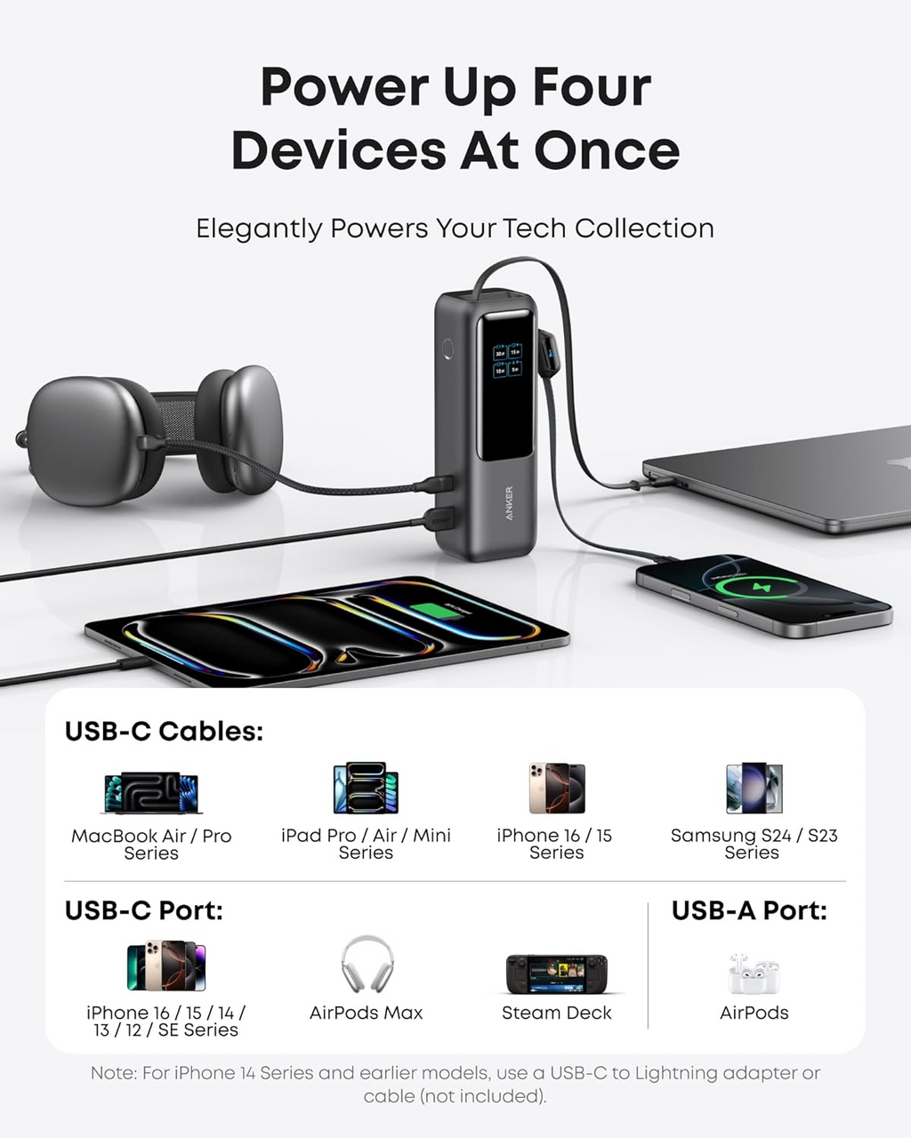 ●	25000mAh 165W Laptop Power Bank with Built-in Retractable USB-C Cable (Triple Port, Flight-Approved)