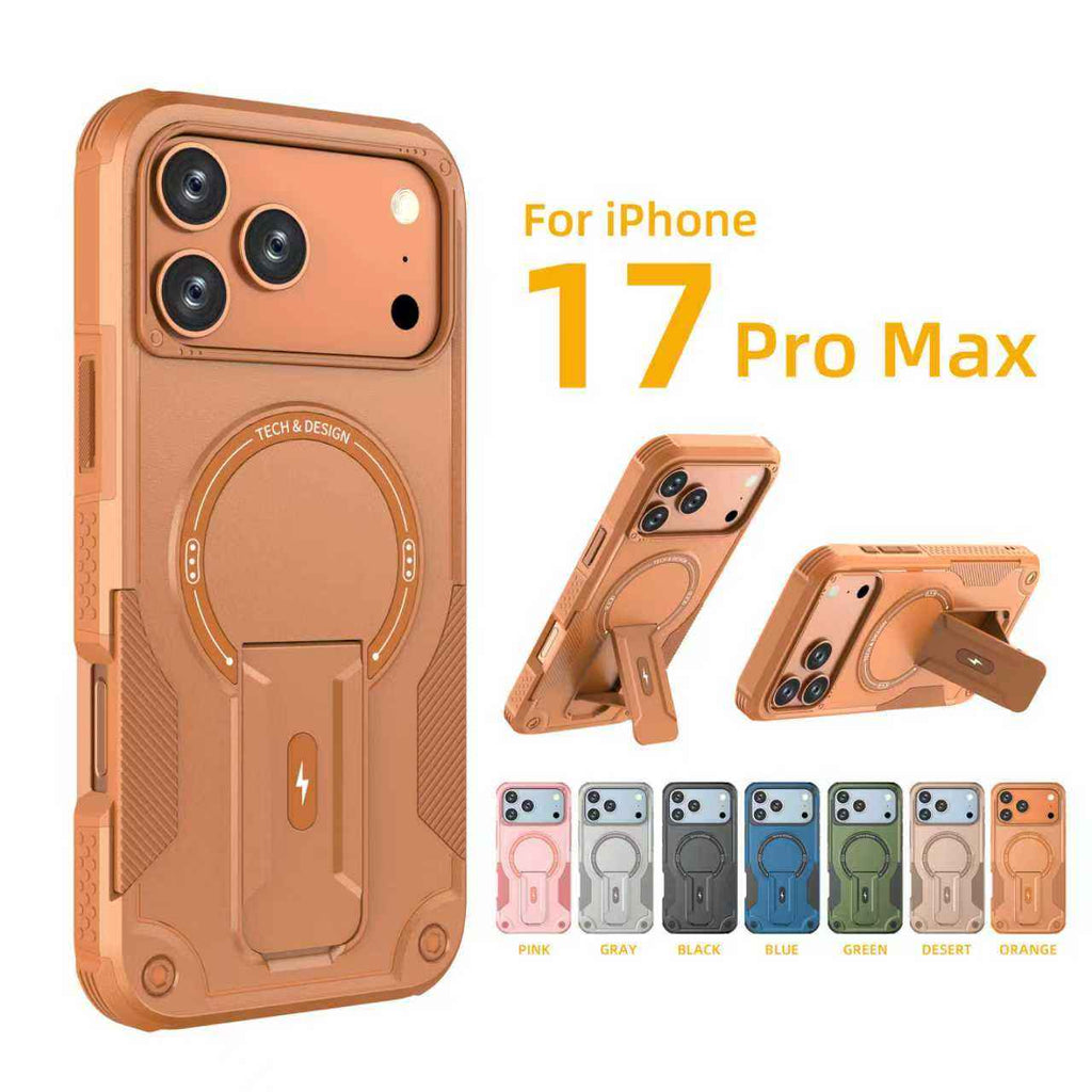 iPhone 17 Pro Max Magnetic Armor Case with Integrated Foldable Kickstand (Shockproof Anti-Drop Protective Cover)